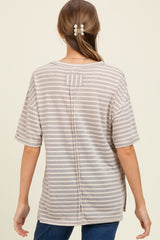 Grey Striped Oversized V-Neck Front Pocket Maternity T-Shirt