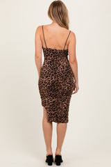 Mocha Animal Print Ruched Midi Dress