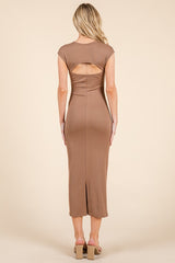 Mocha Ribbed Cap Sleeve Cutout Midi Dress