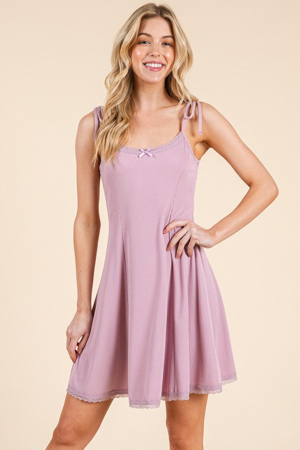 Mauve Shoulder Tie Lace Trim Mini Dress