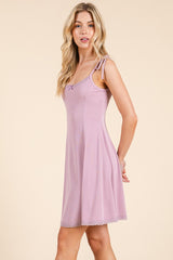 Mauve Shoulder Tie Lace Trim Mini Dress