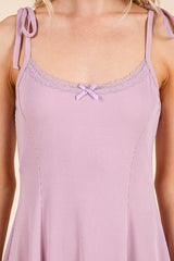 Mauve Shoulder Tie Lace Trim Mini Dress