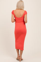 Coral Ribbed Cinched Sleeve Maternity Midi Dress