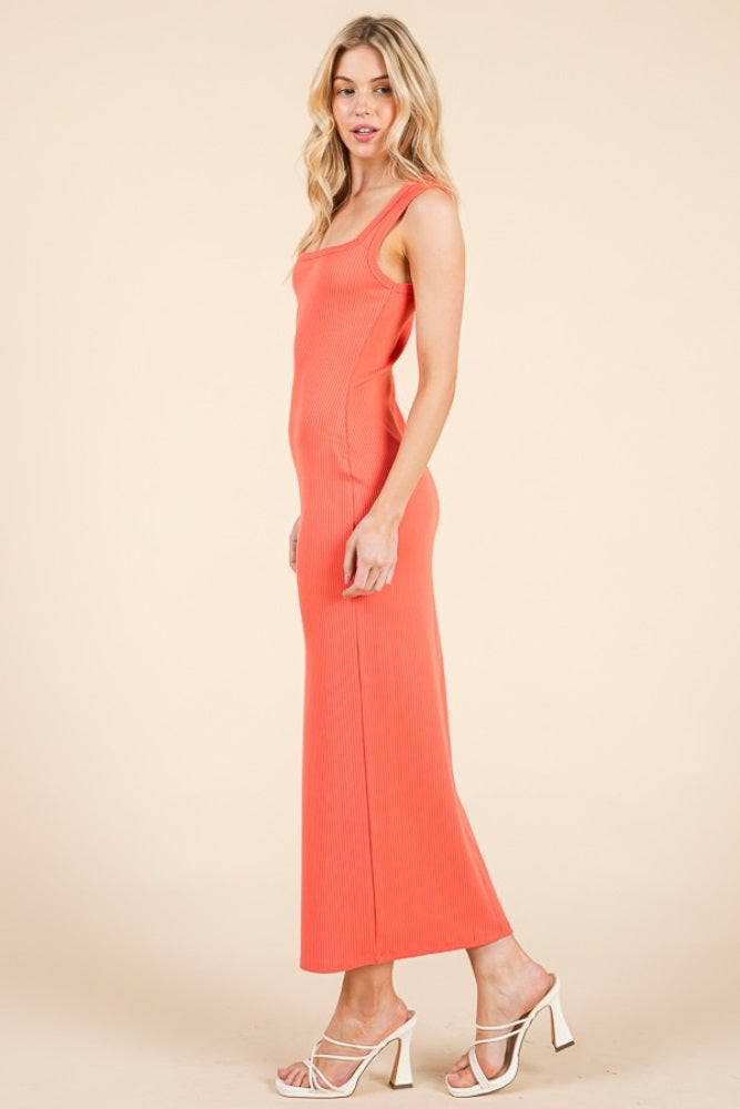 Coral Ribbed Square Neck Sleeveless Maxi Dress