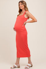 Coral Ribbed Square Neck Sleeveless Maternity Maxi Dress