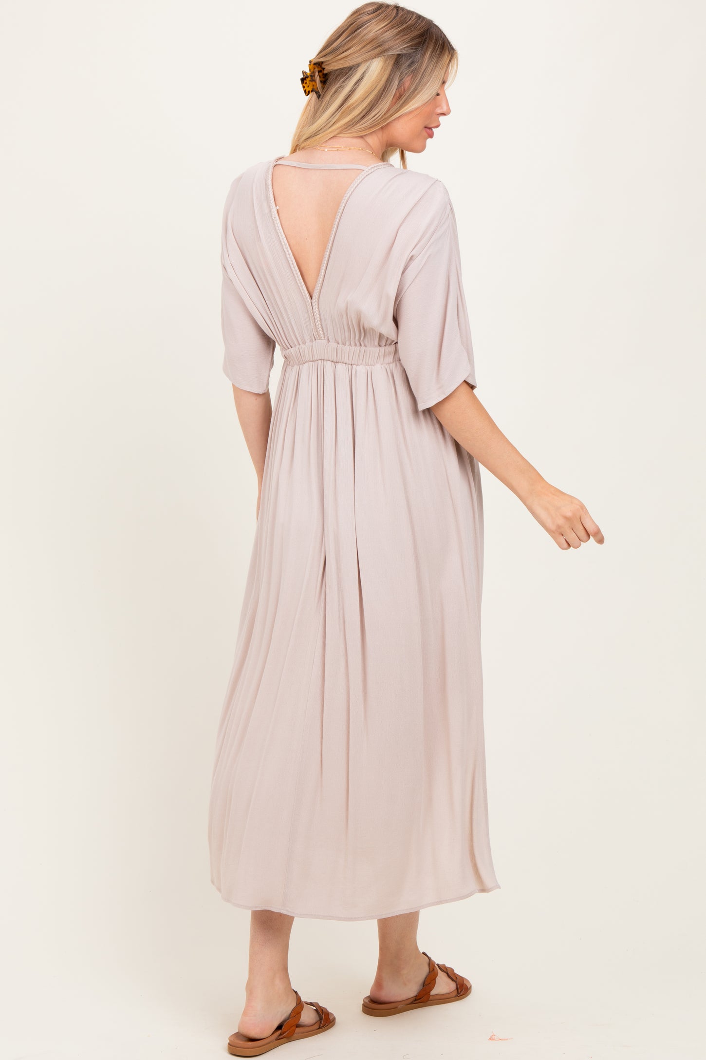 Beige V-Neck Braid Detail Maternity Maxi Dress