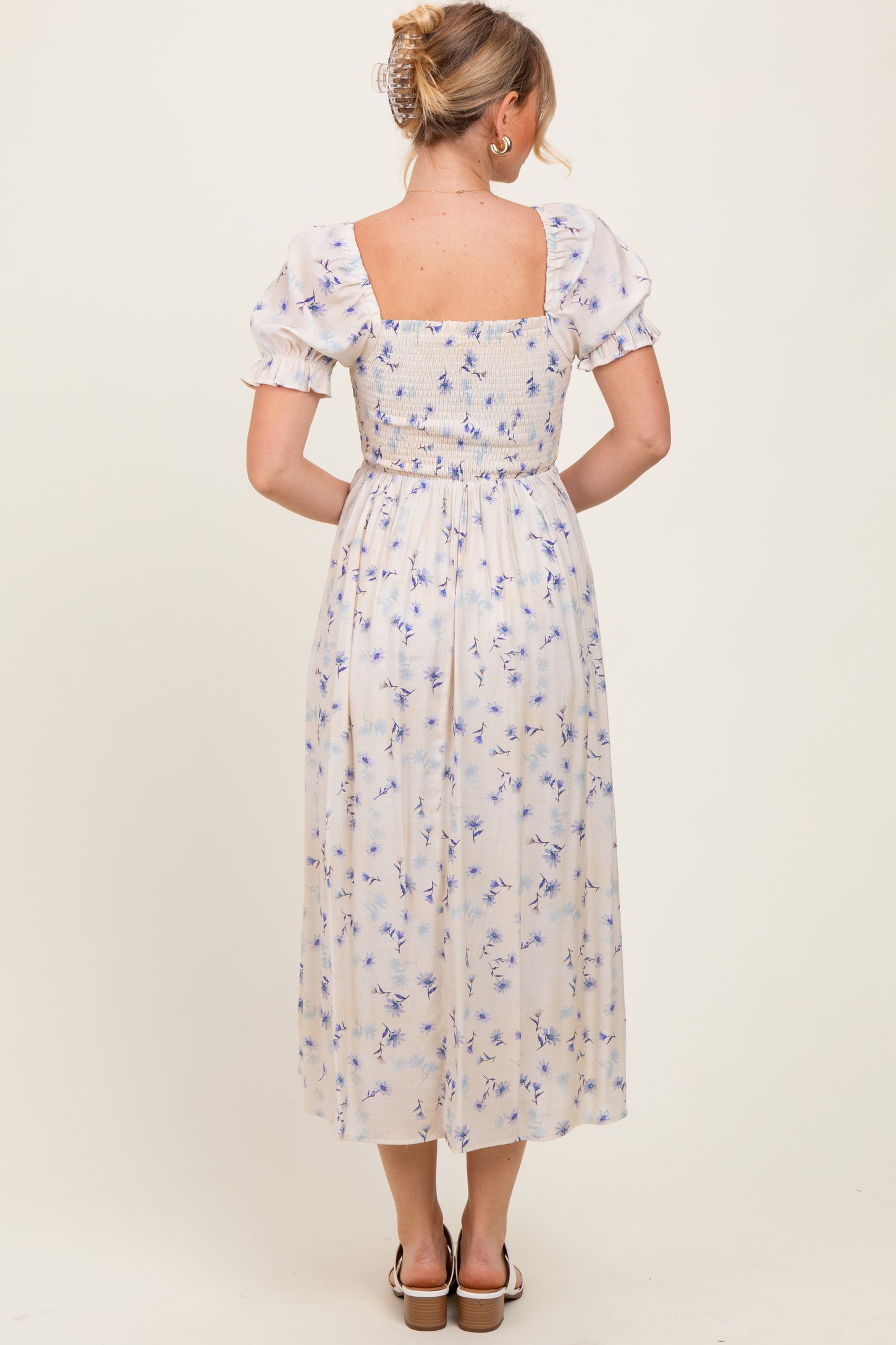 Blue Floral Printed Puff Sleeve Midi Dress