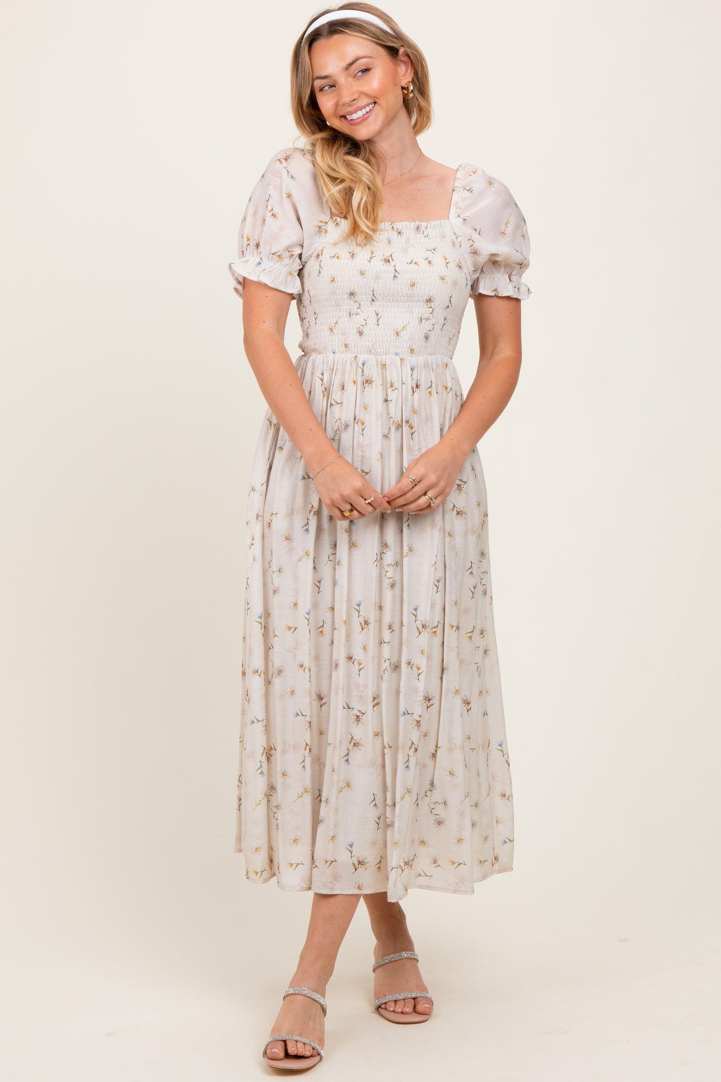 Yellow Floral Printed Puff Sleeve Midi Dress