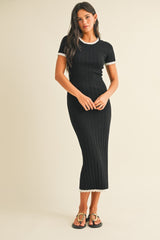 Black/White Short Sleeve Sweater Knit Rib Maternity Midi Dress