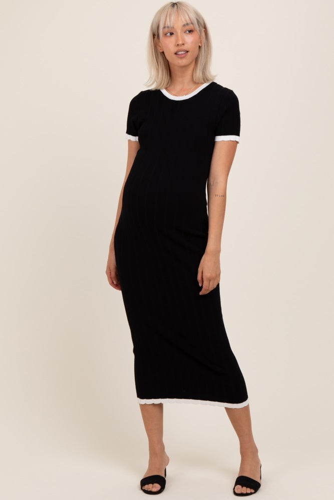 Black/White Short Sleeve Sweater Knit Rib Maternity Midi Dress