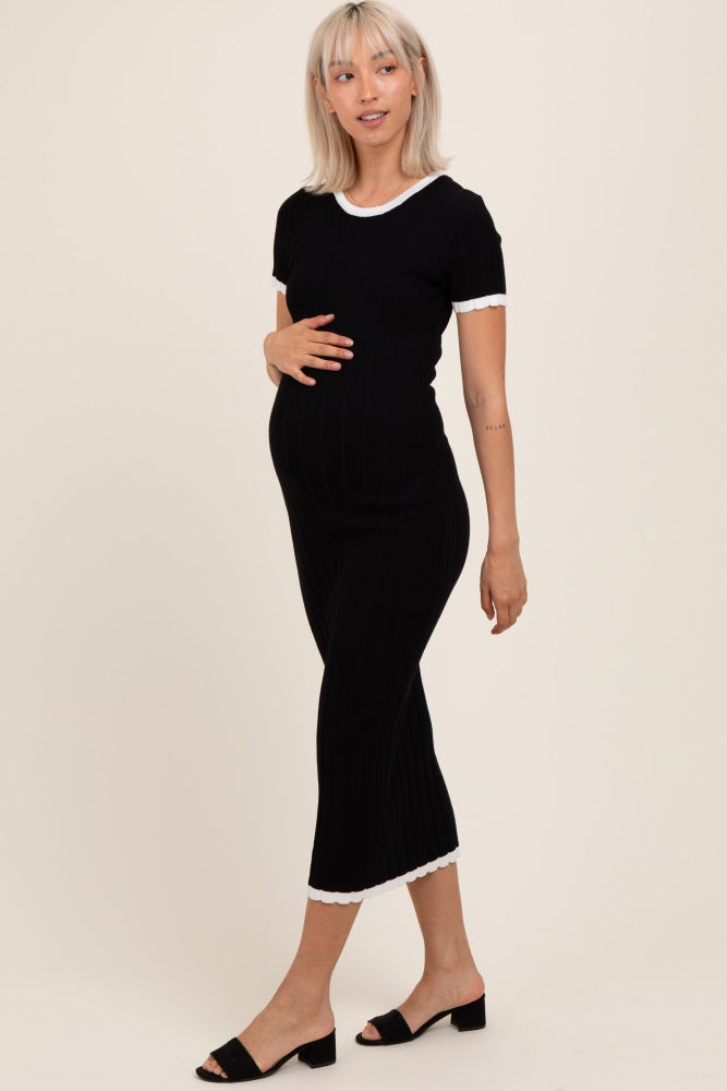 Black/White Short Sleeve Sweater Knit Rib Maternity Midi Dress