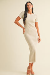 Beige/White Short Sleeve Sweater Knit Rib Maternity Midi Dress