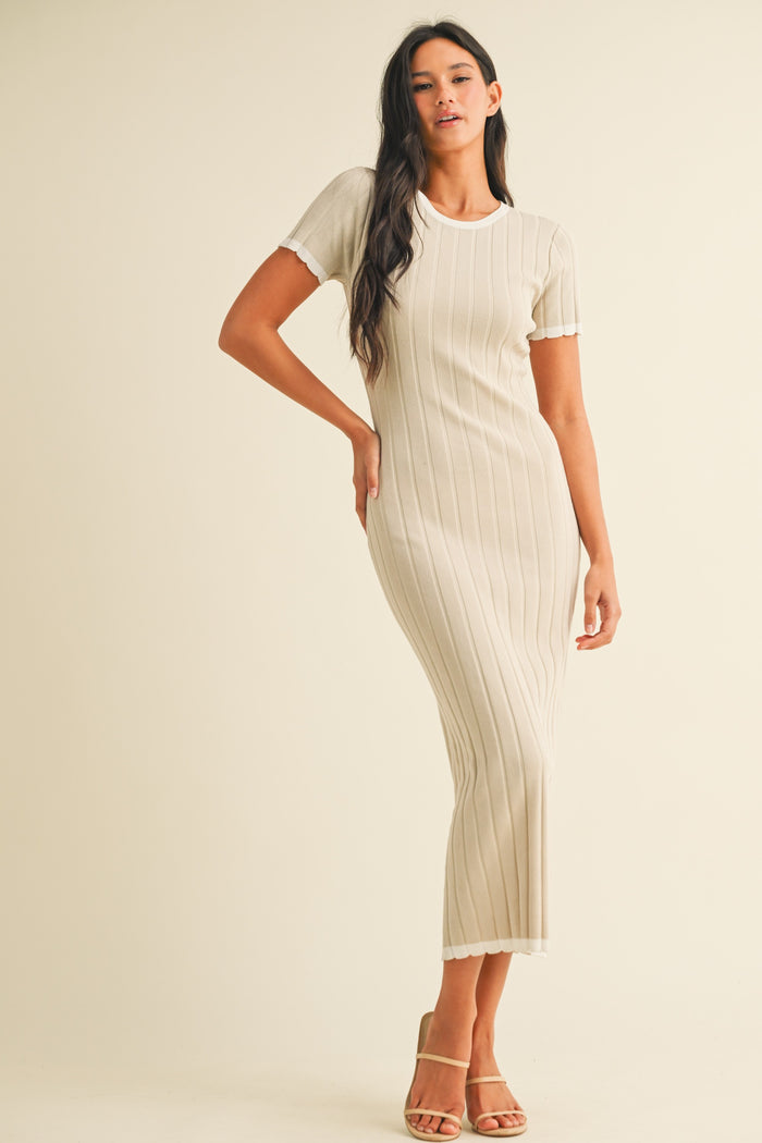 Beige/White Short Sleeve Sweater Knit Rib Maternity Midi Dress