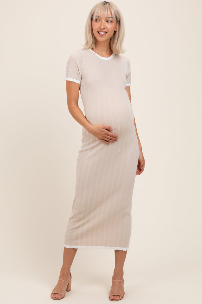 Beige/White Short Sleeve Sweater Knit Rib Maternity Midi Dress