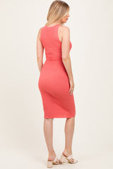 Coral Ribbed Sleeveless Maternity Midi Dress