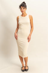 Cream Ribbed Sleeveless Midi Dress