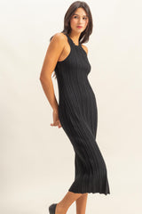 Black Round Neck Bodycon Ribbed Knit Midi Dress
