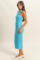 Blue Round Neck Bodycon Ribbed Knit Midi Dress