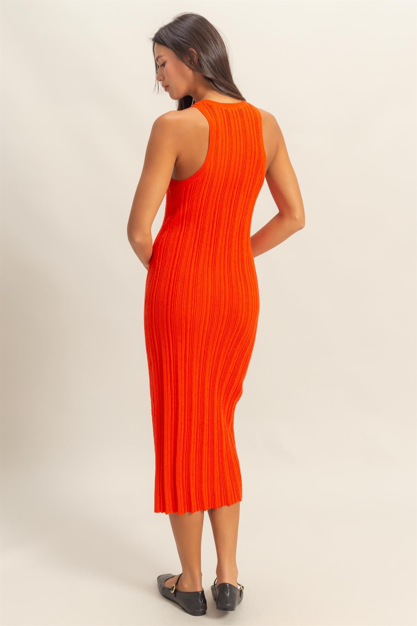 Orange Round Neck Bodycon Ribbed Knit Midi Dress