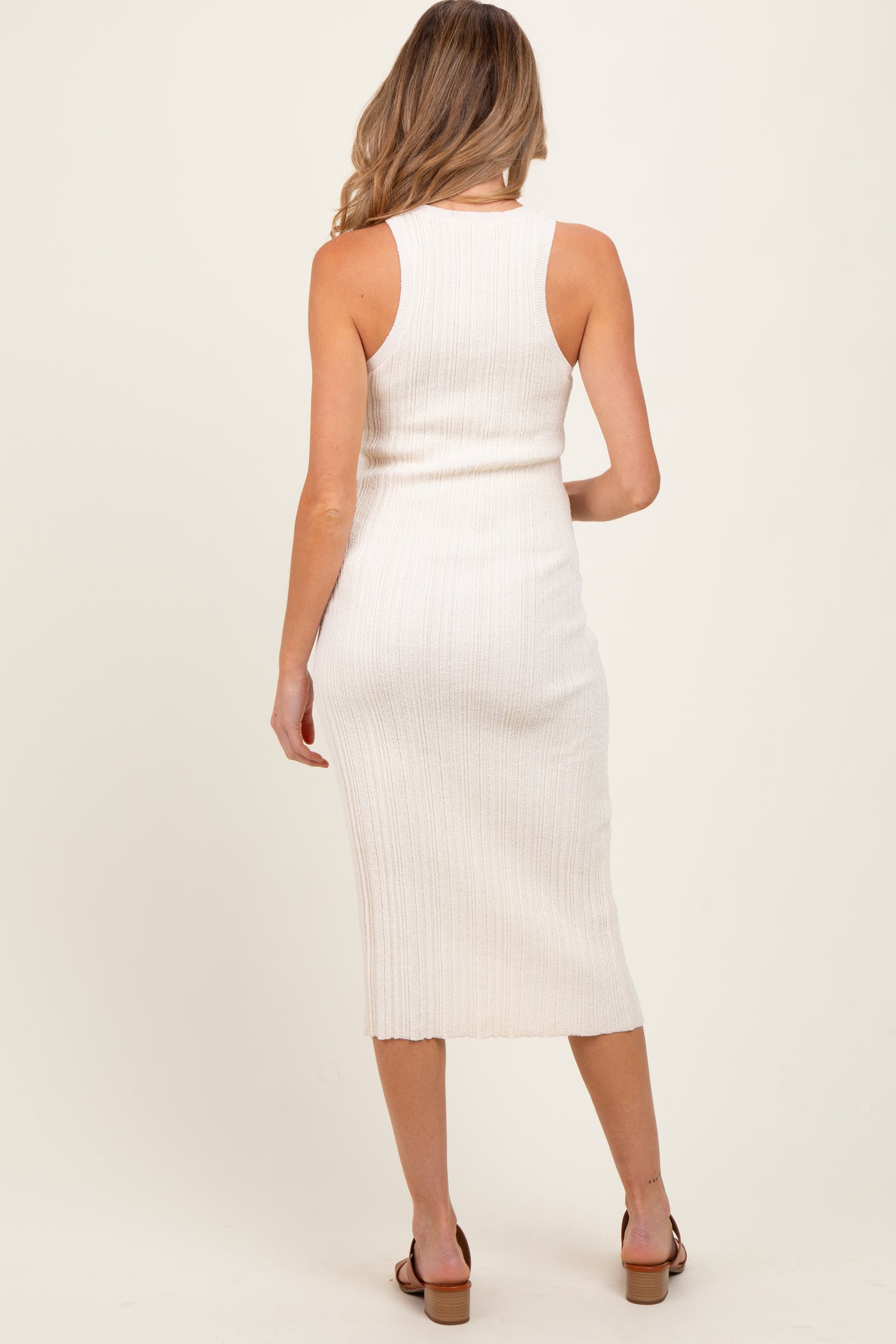 Ivory Round Neck Bodycon Ribbed Knit Maternity Midi Dress