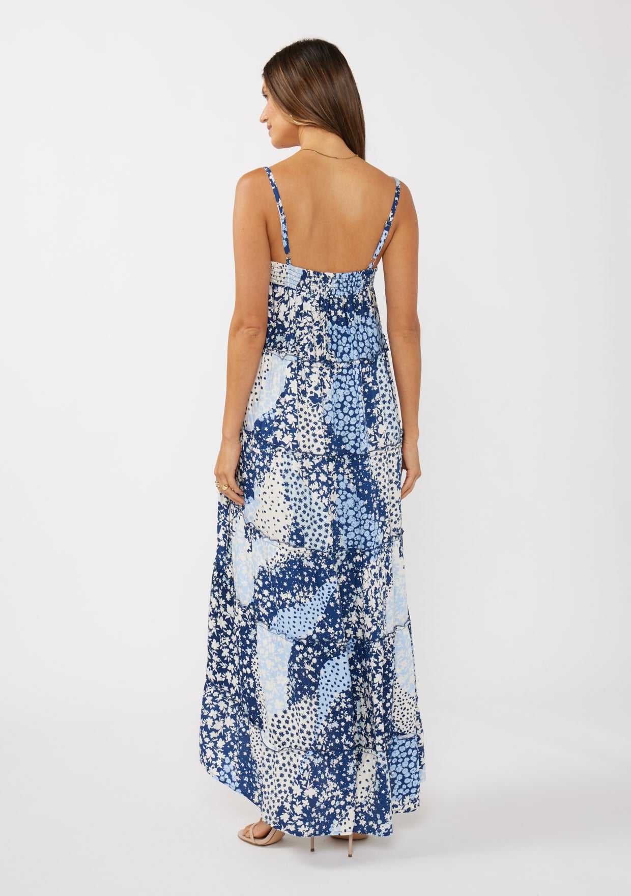 Navy Blue Floral Tiered Spaghetti Strap Maxi Dress
