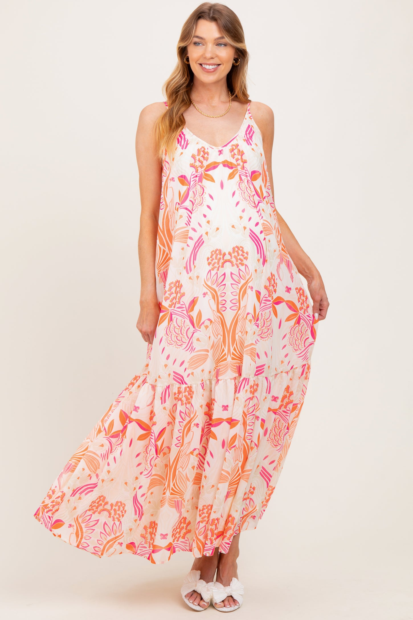 Orange Floral Tie Back Maternity Maxi Dress