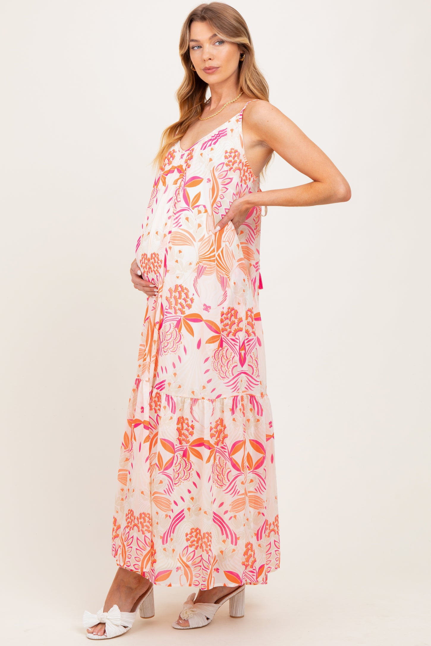 Orange Floral Tie Back Maternity Maxi Dress