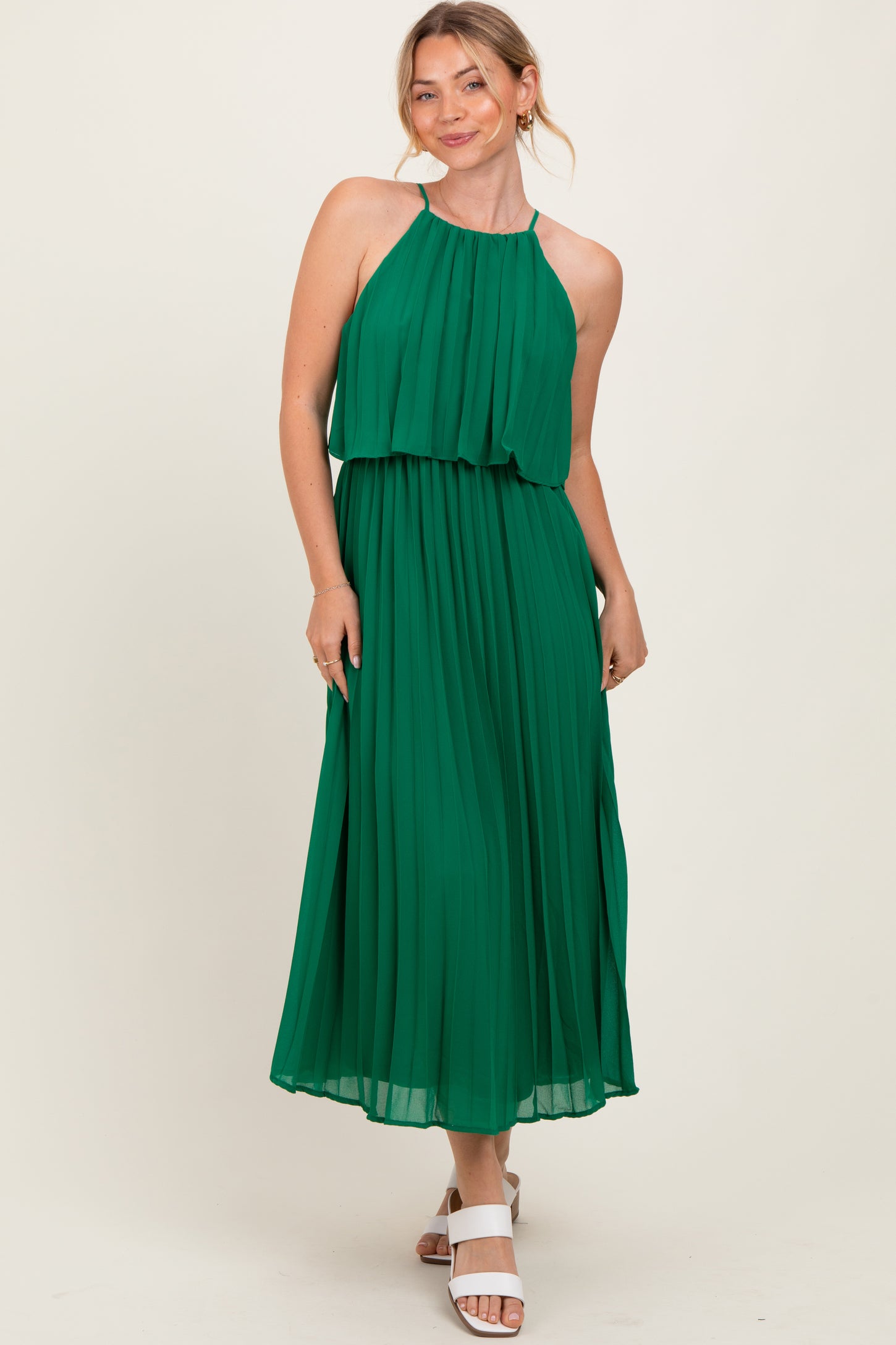 Green Pleated Woven Maternity Midi Dress