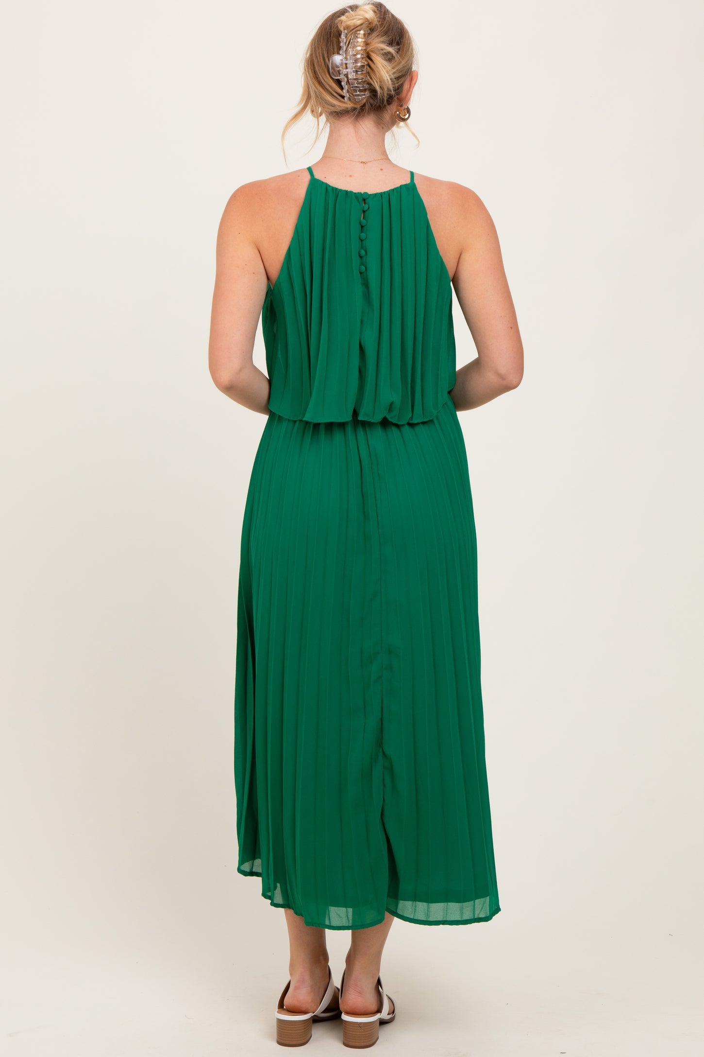 Green Pleated Woven Midi Dress