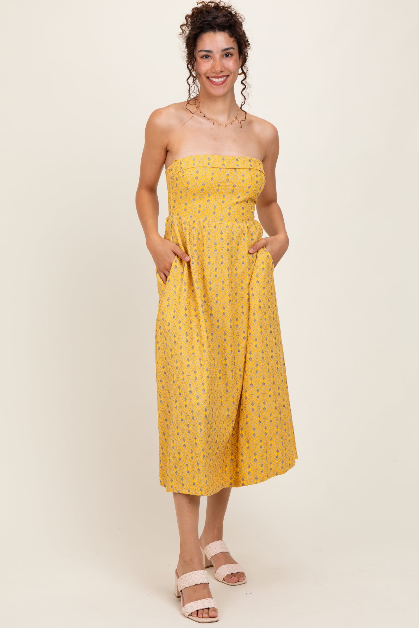 Yellow Lace Strapless Lace Up Back Midi Dress