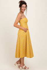Yellow Lace Strapless Lace Up Back Midi Dress