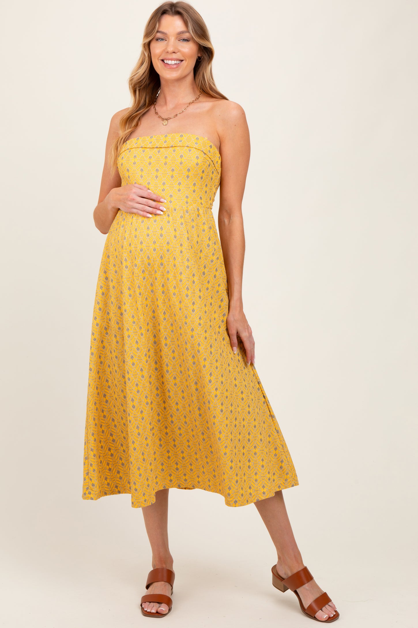 Yellow Lace Strapless Lace Up Back Maternity Midi Dress