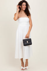 Ivory Lace Strapless Lace Up Back Midi Dress