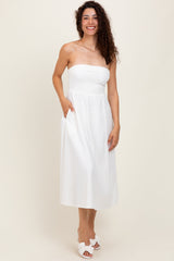 Ivory Lace Strapless Lace Up Back Midi Dress