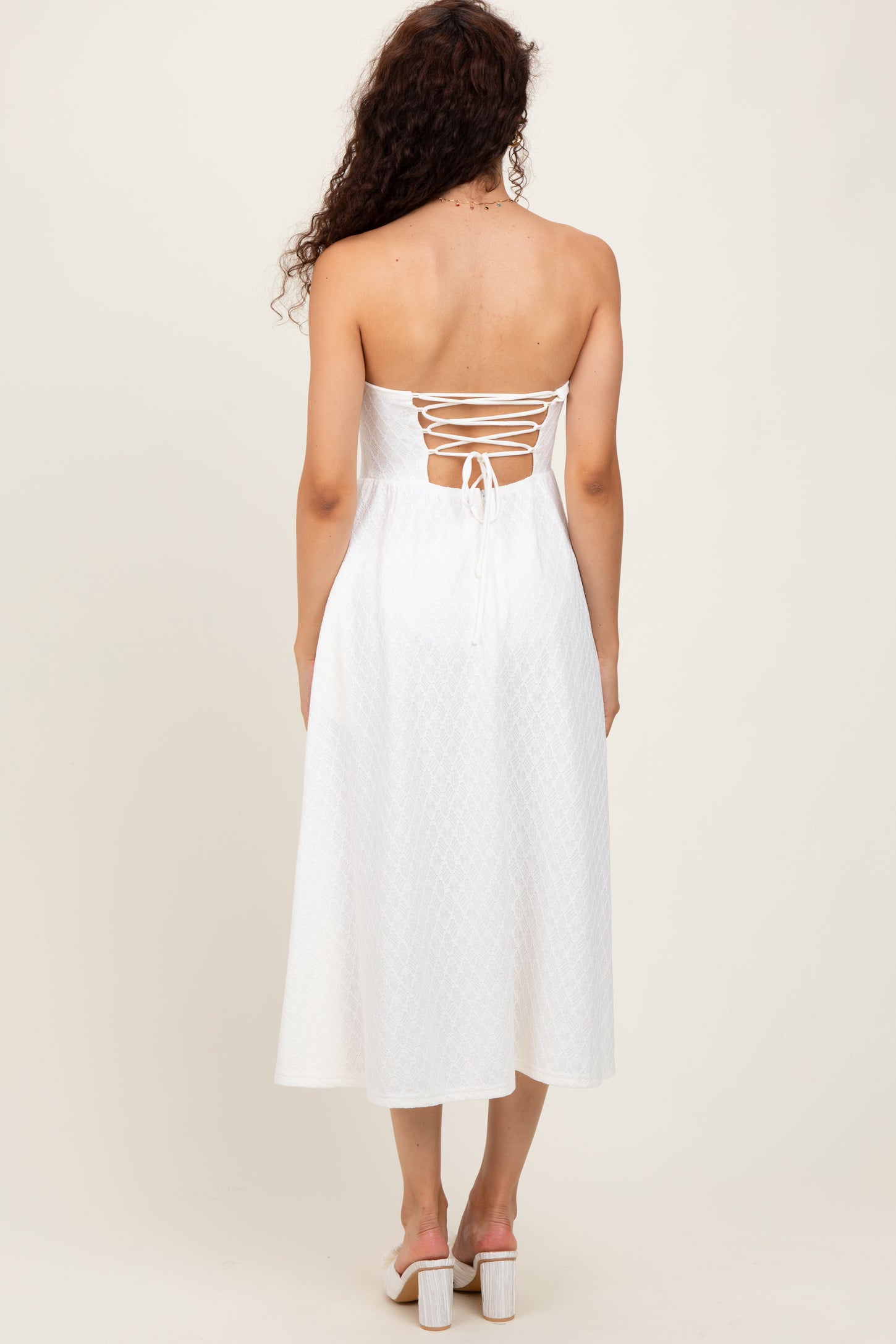 Ivory Lace Strapless Lace Up Back Midi Dress