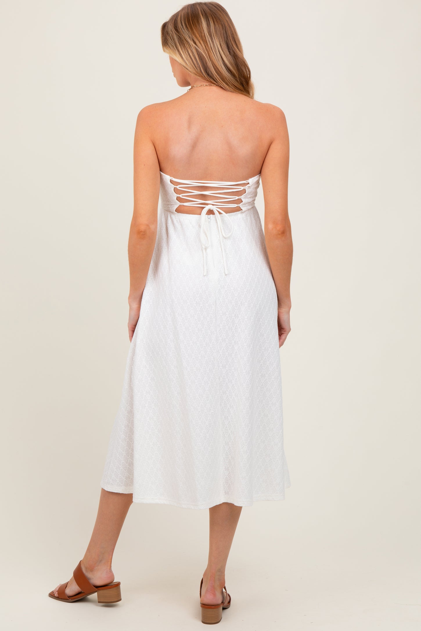 Ivory Lace Strapless Lace Up Back Maternity Midi Dress