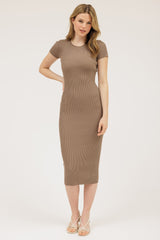 Mocha Short Sleeve Rib Knit Maternity Midi Dress