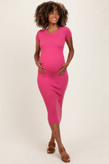 Pink Short Sleeve Rib Knit Maternity Midi Dress