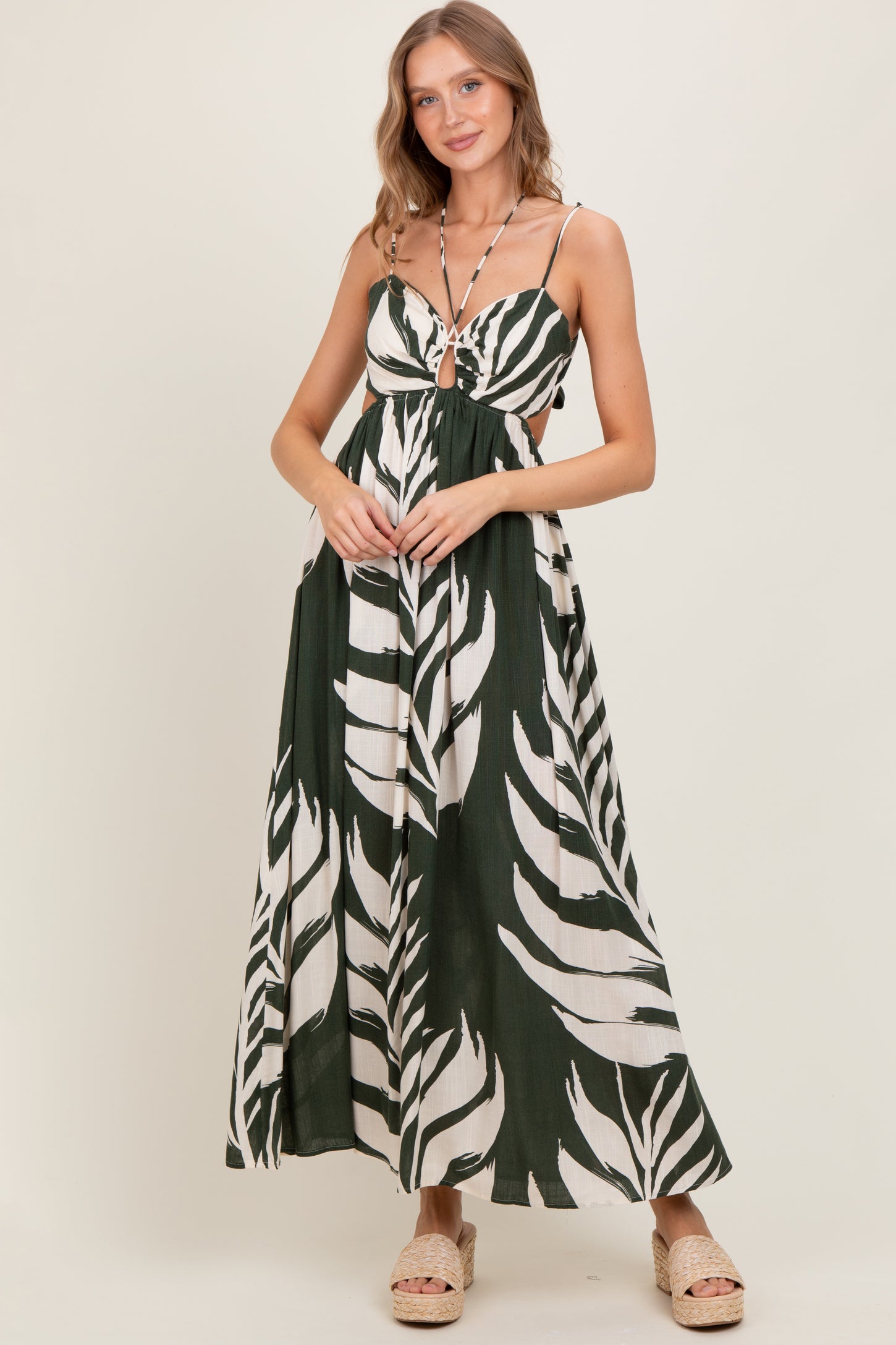 Olive Leaf Print Cutout Tie Back Maxi Dress