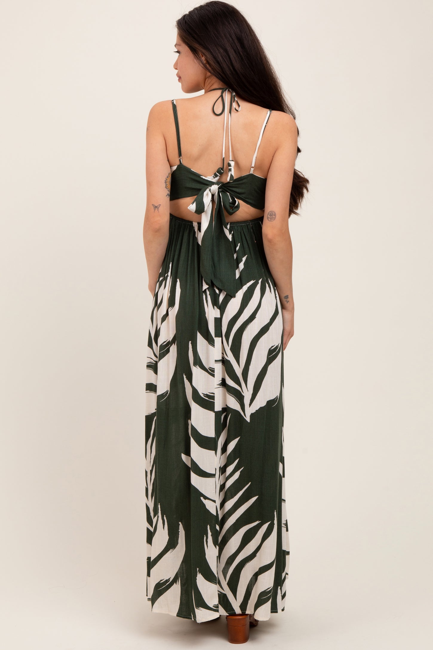 Olive Leaf Print Cutout Tie Back Maternity Maxi Dress