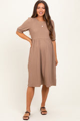 Taupe Textured Knit Puff Sleeve Maternity Midi Dress