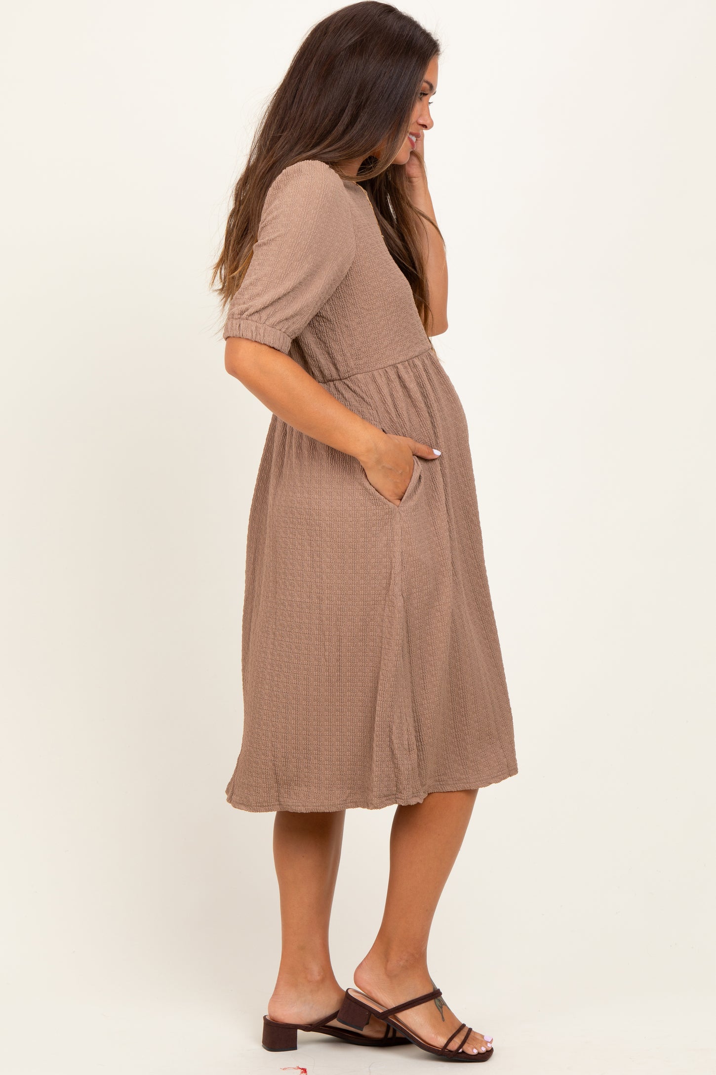 Taupe Textured Knit Puff Sleeve Maternity Midi Dress