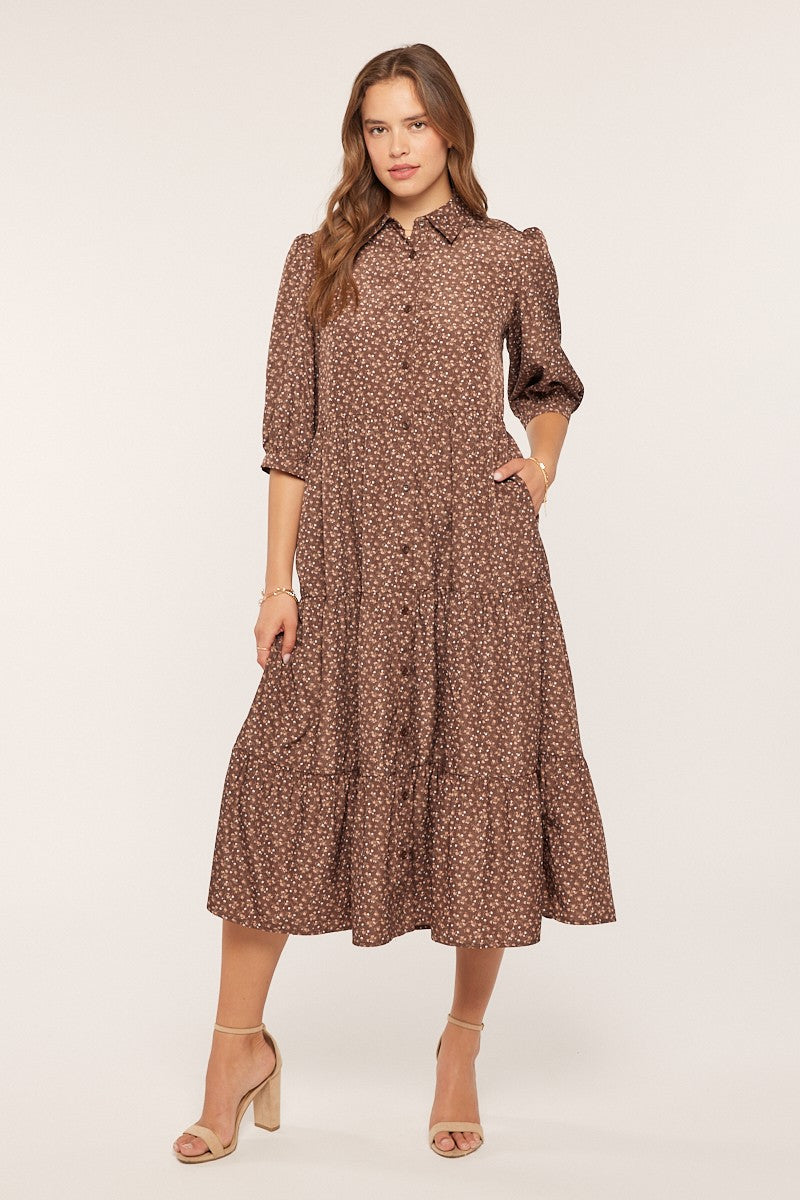 Brown Floral Tiered Maternity Shirt Midi Dress