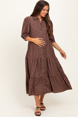 Brown Floral Tiered Maternity Shirt Midi Dress