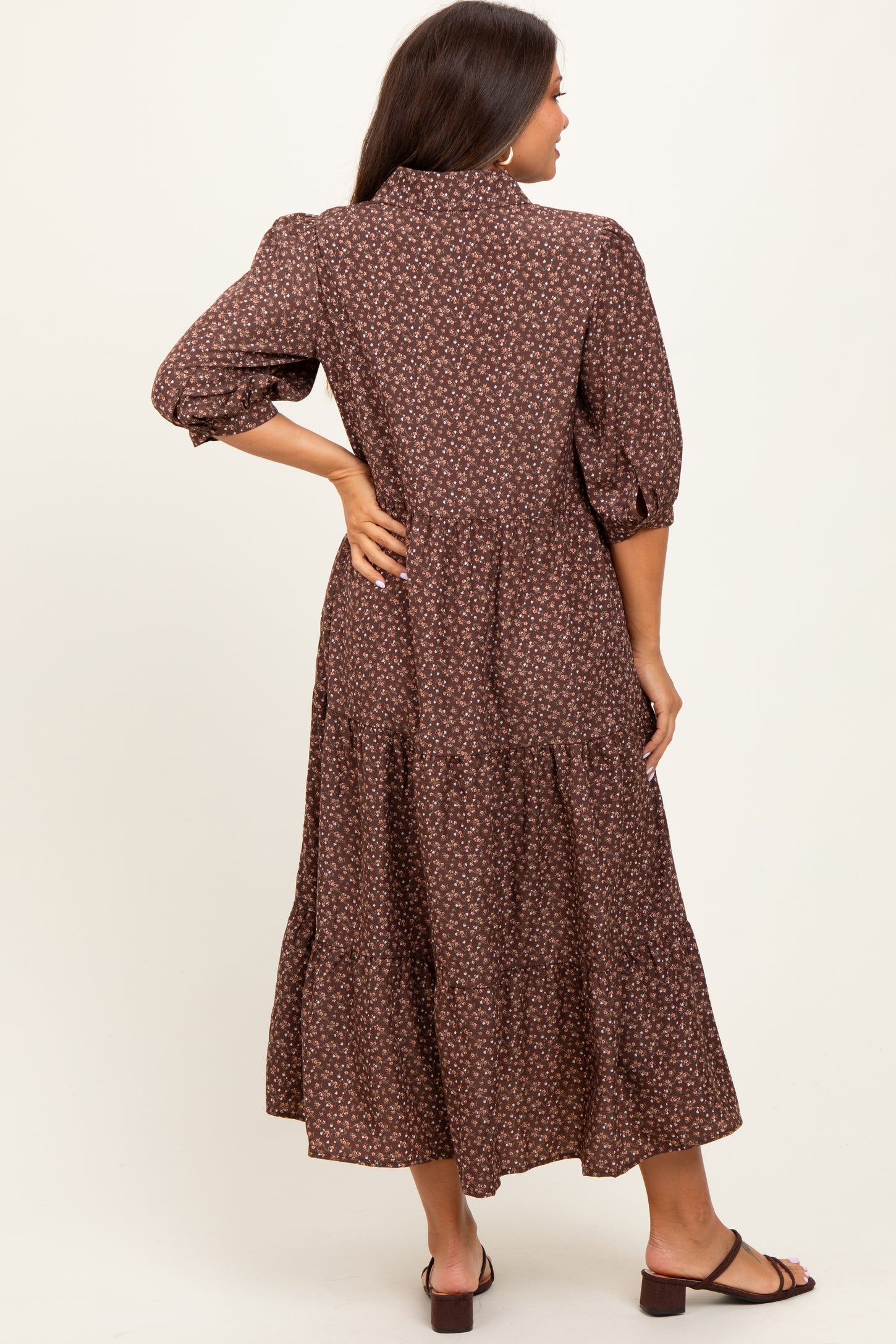 Brown Floral Tiered Maternity Shirt Midi Dress