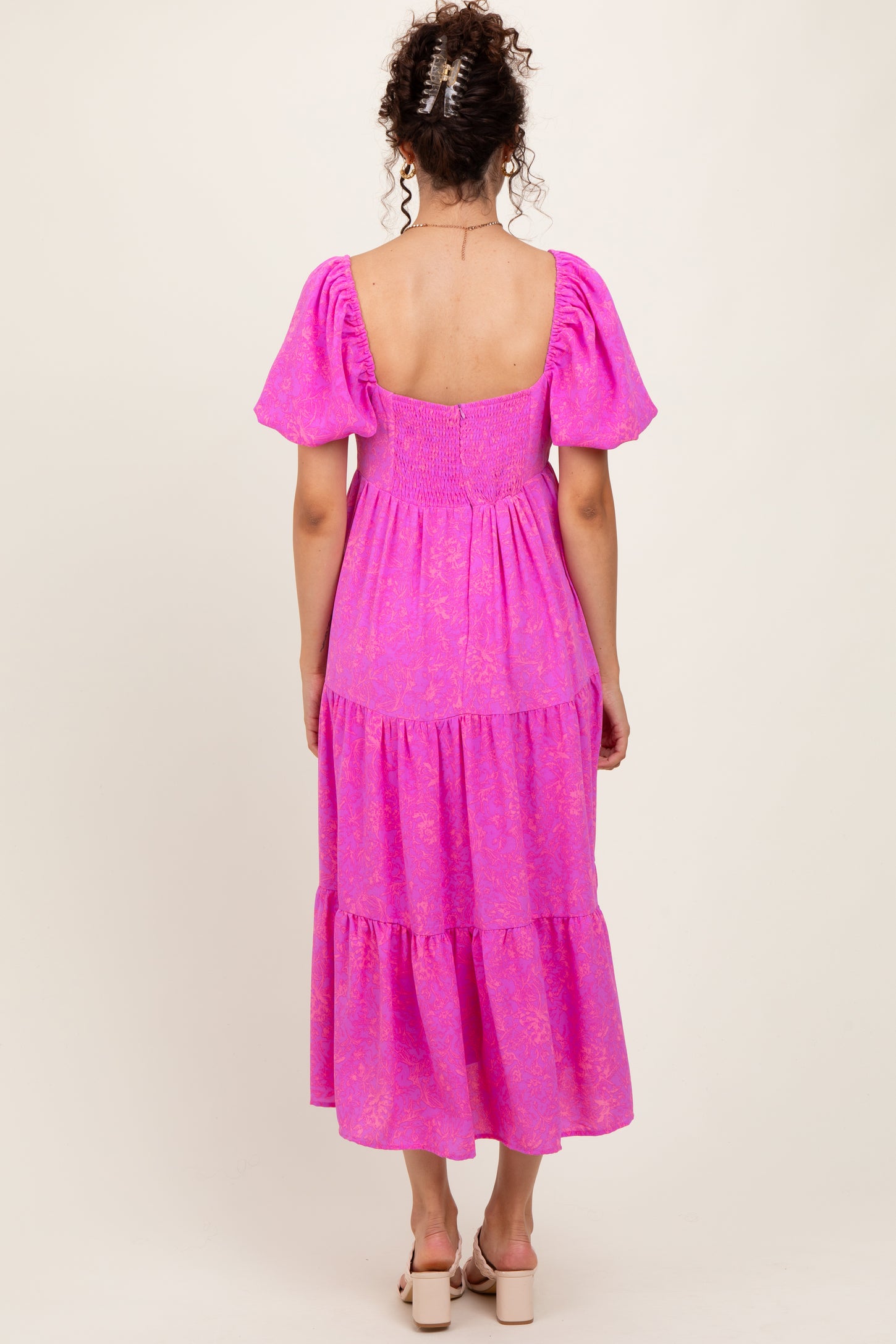 Pink Printed Puff Sleeve Tiered Midi Dress