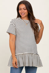 Ivory Striped Ruffle Hem Maternity Short Sleeve Top