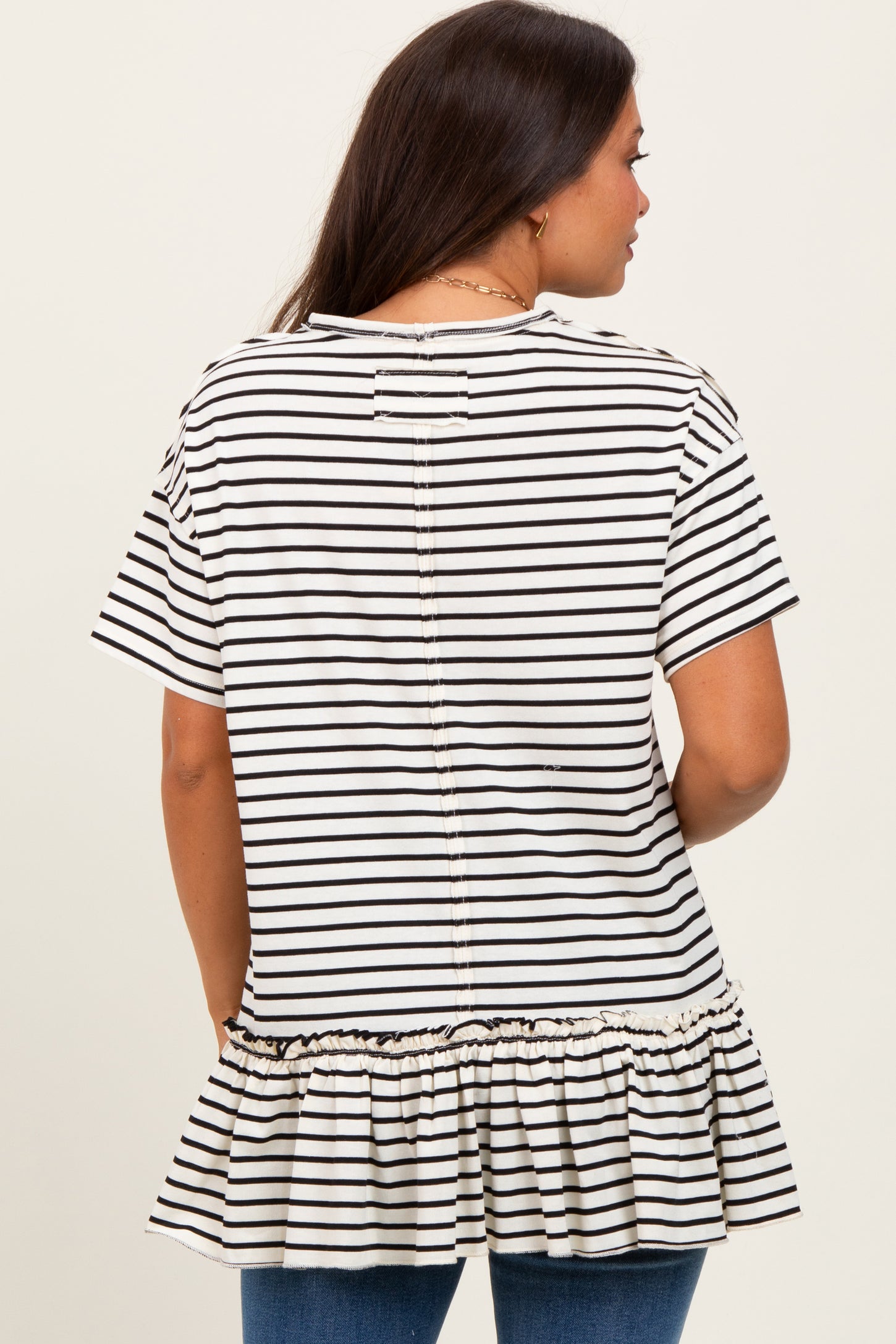 Ivory Striped Ruffle Hem Maternity Short Sleeve Top
