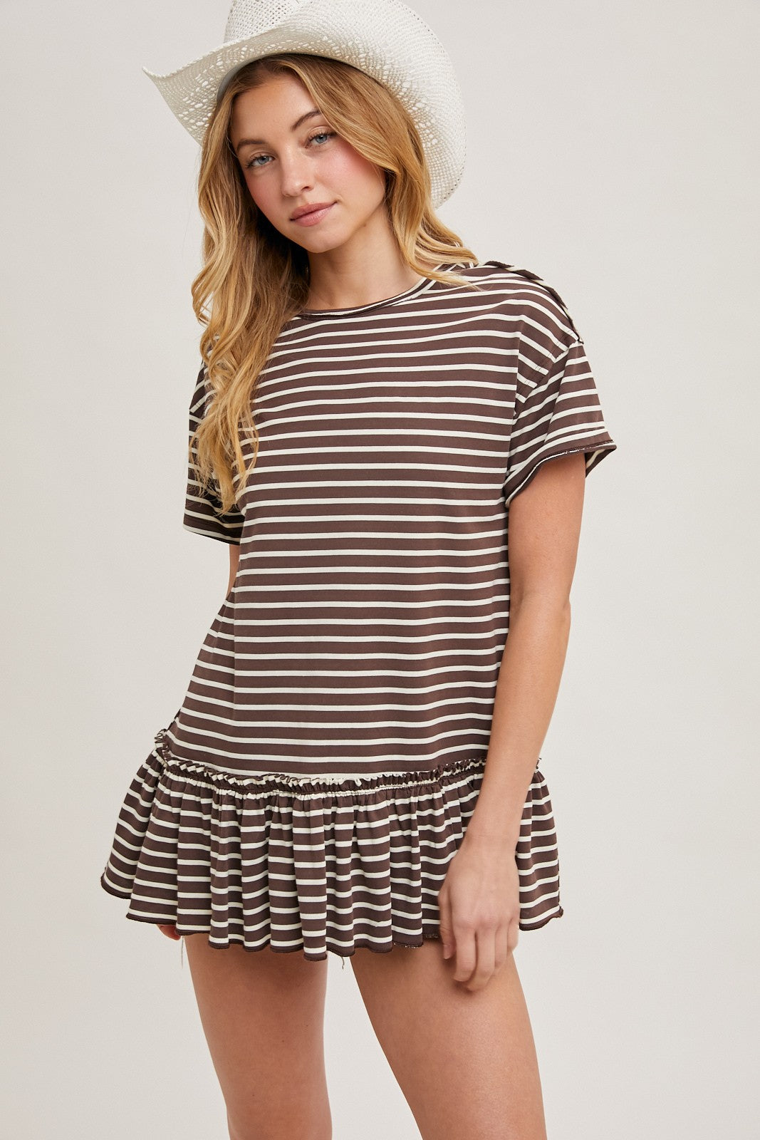 Mocha Striped Ruffle Hem Maternity Short Sleeve Top