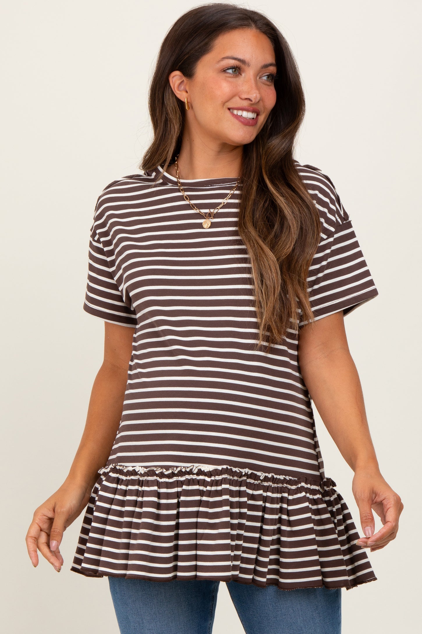 Mocha Striped Ruffle Hem Maternity Short Sleeve Top